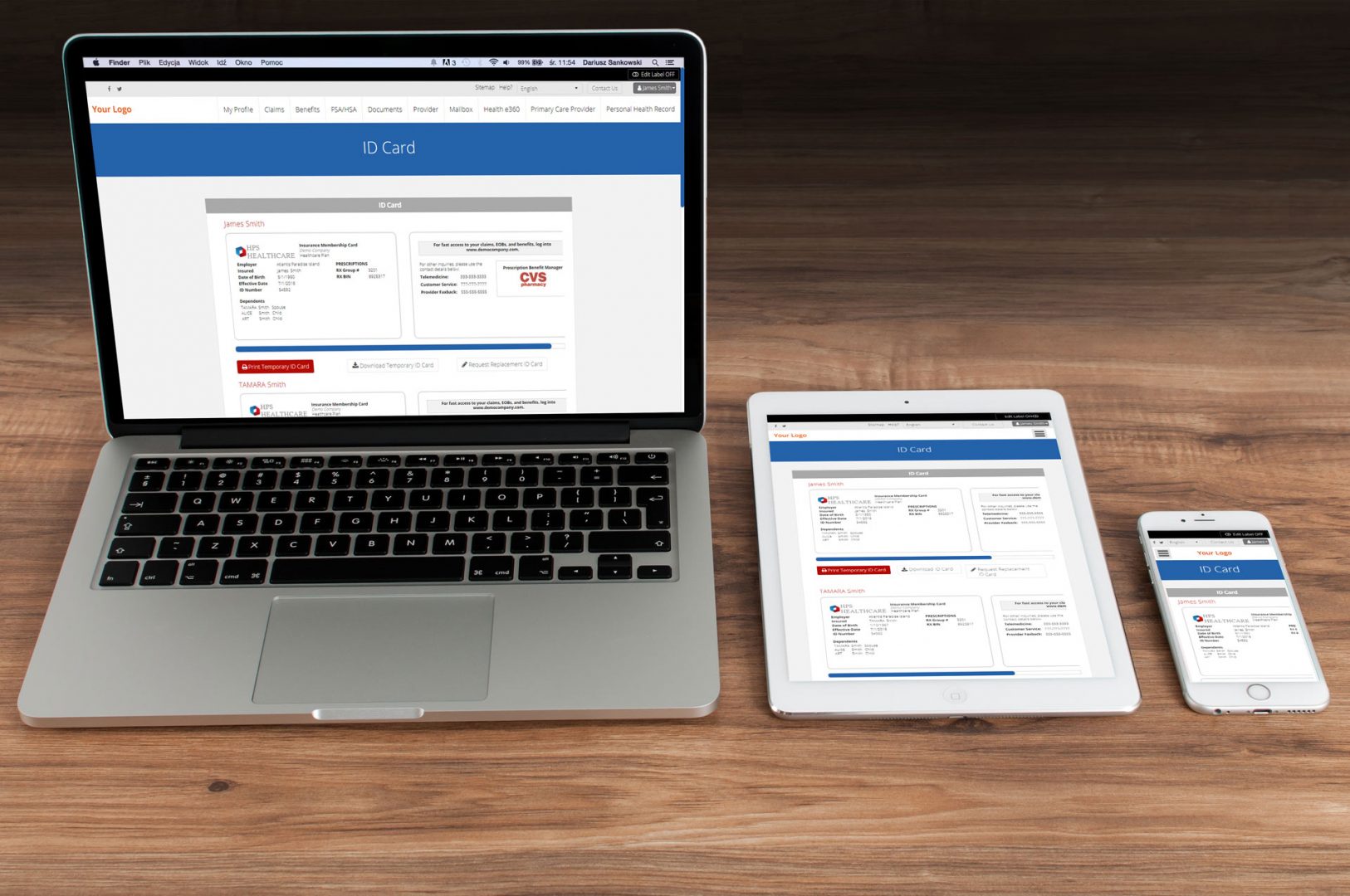 health plan ID card screen on a laptop, tablet, and mobile phone