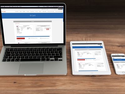 health plan ID card screen on a laptop, tablet, and mobile phone