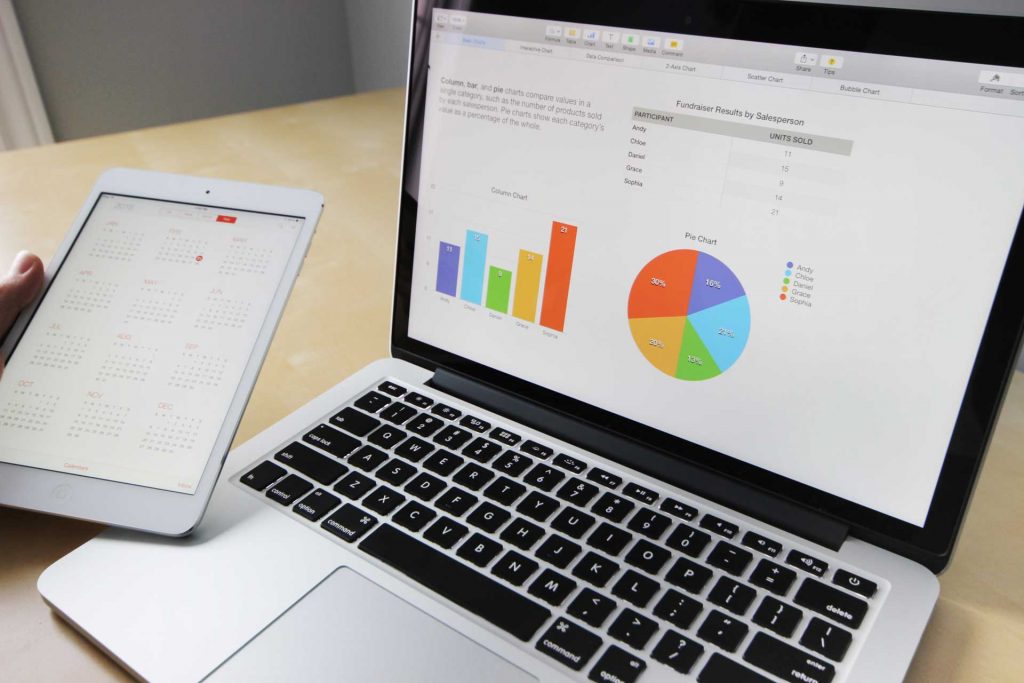 laptop with charts on the screen, next to a tablet with a calendar on the screen