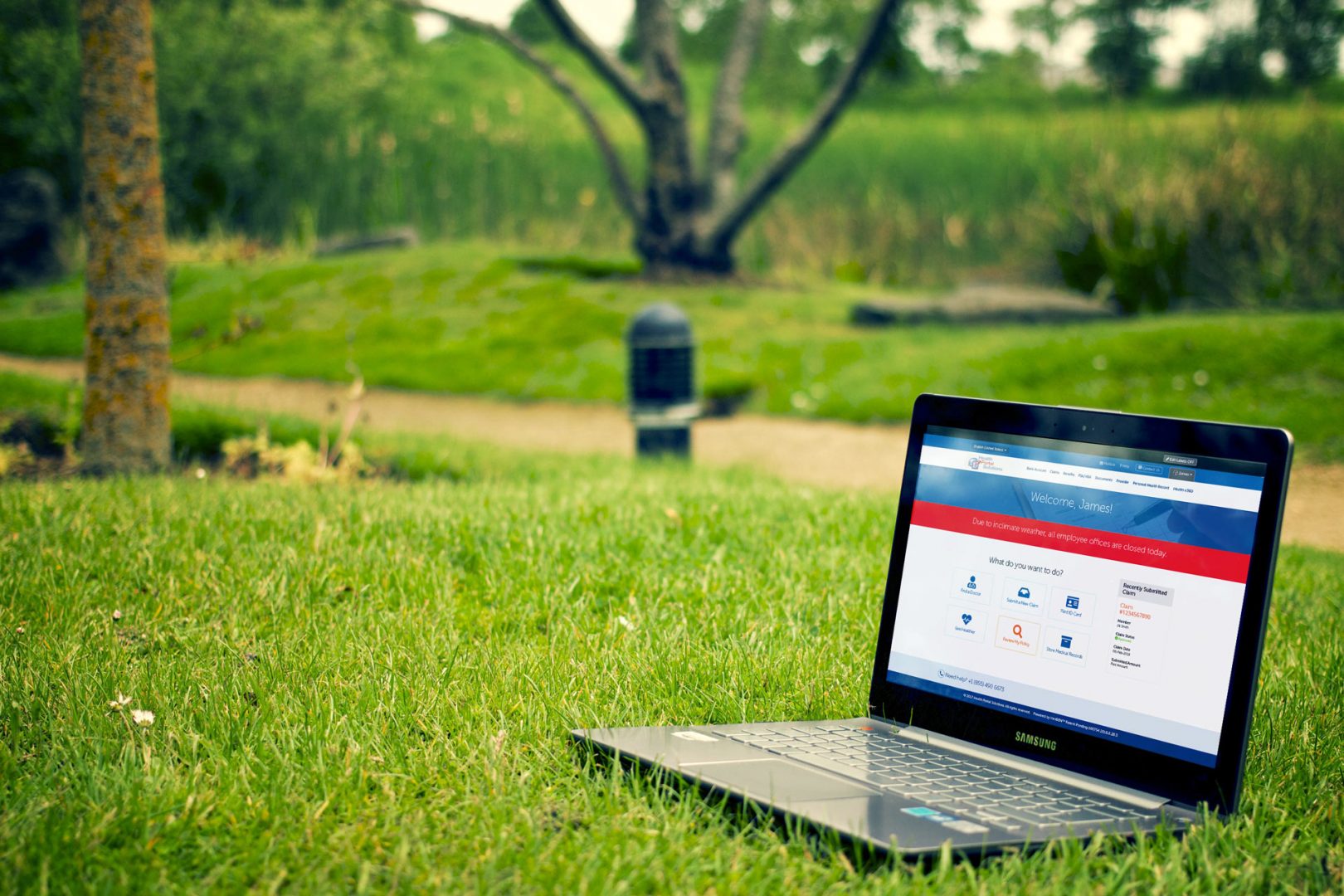 member portal simple home page with alert content on a laptop on the grass