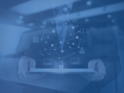 abstract graphic of man with tablet and tech icons overlaid on image