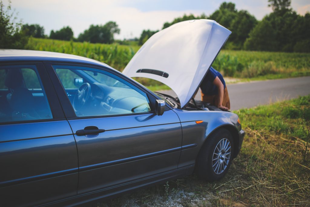 person looking under the hood of a car on the side of a country road