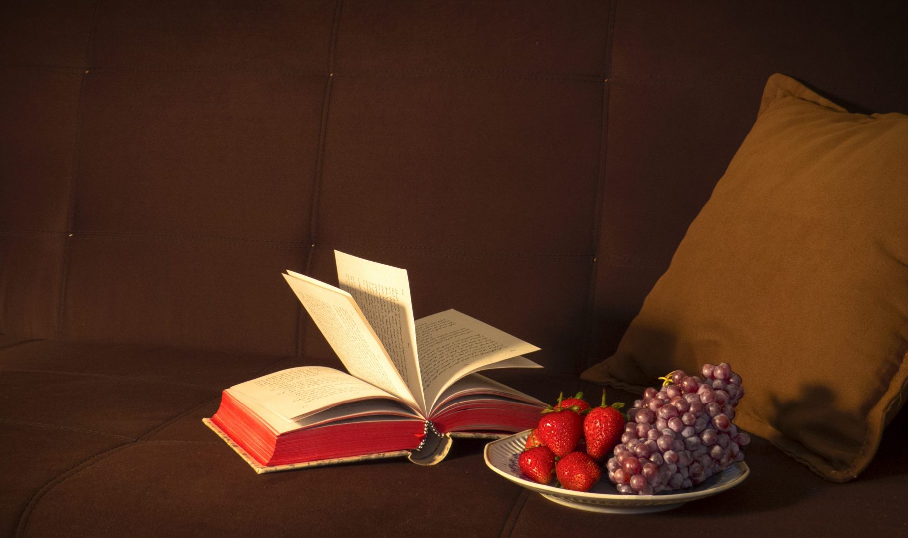open book on a sofa next to a bowl of fruit