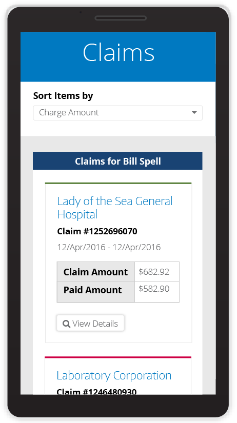 view of member claims on a mobile interface