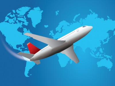 airplane over international map