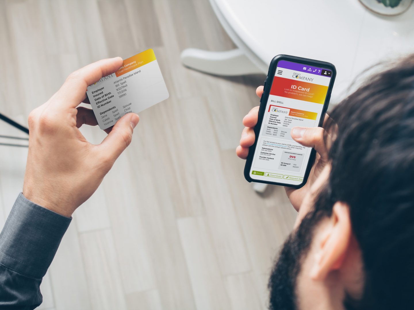 man looking at plastic health plan ID card and the same ID card on phone