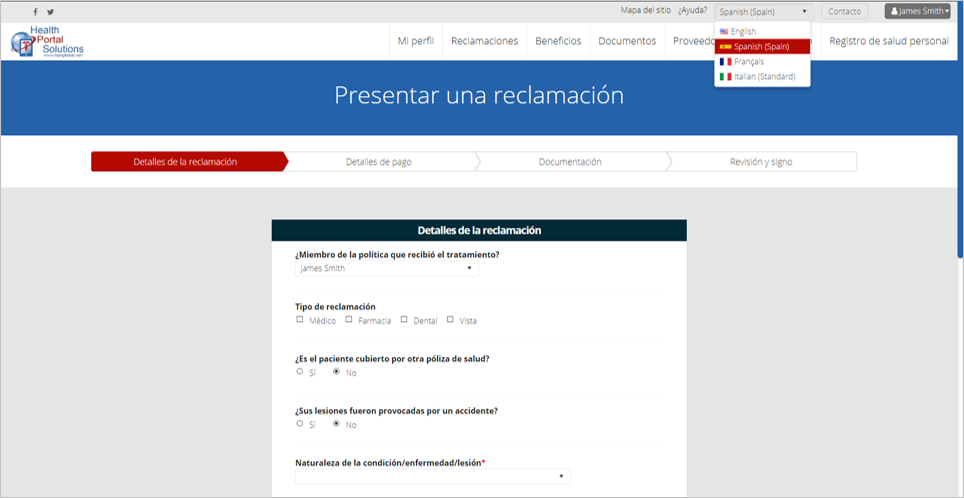 sample portal screen with Spanish labels