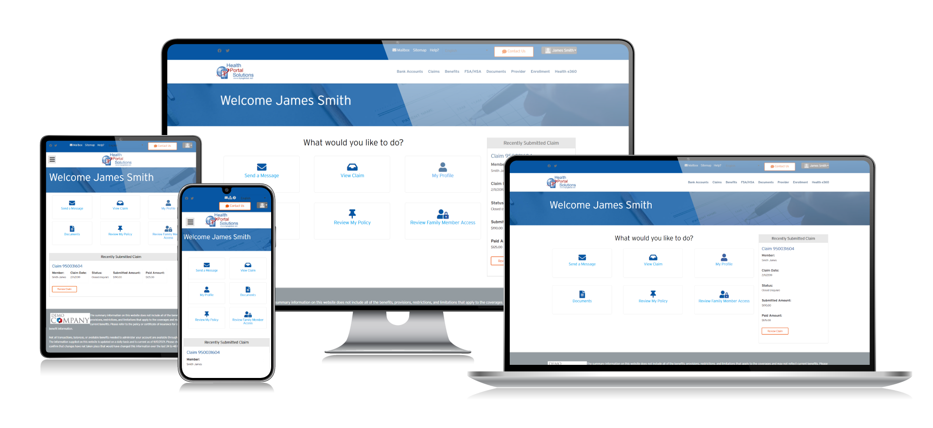 Mobile-optimized member portal homepage listing online tools and recent healthcare claims