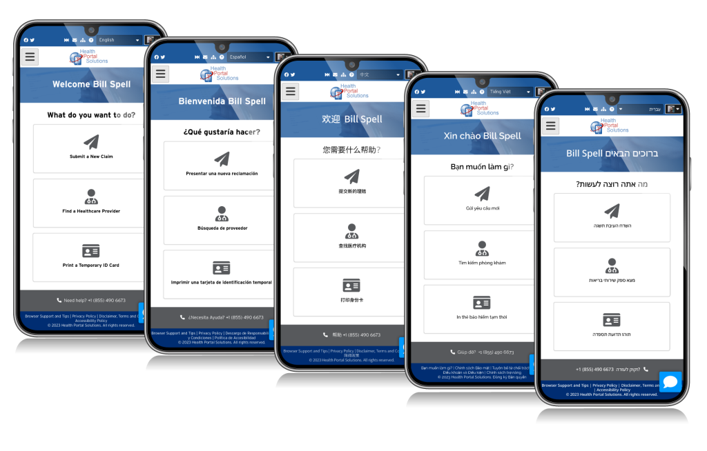 5 mobile phones displaying the web portal in English, Spanish, Chinese, Vietnamese, and Hebrew languages.