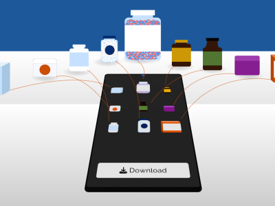 Prescription bottles pointing to phone app icons