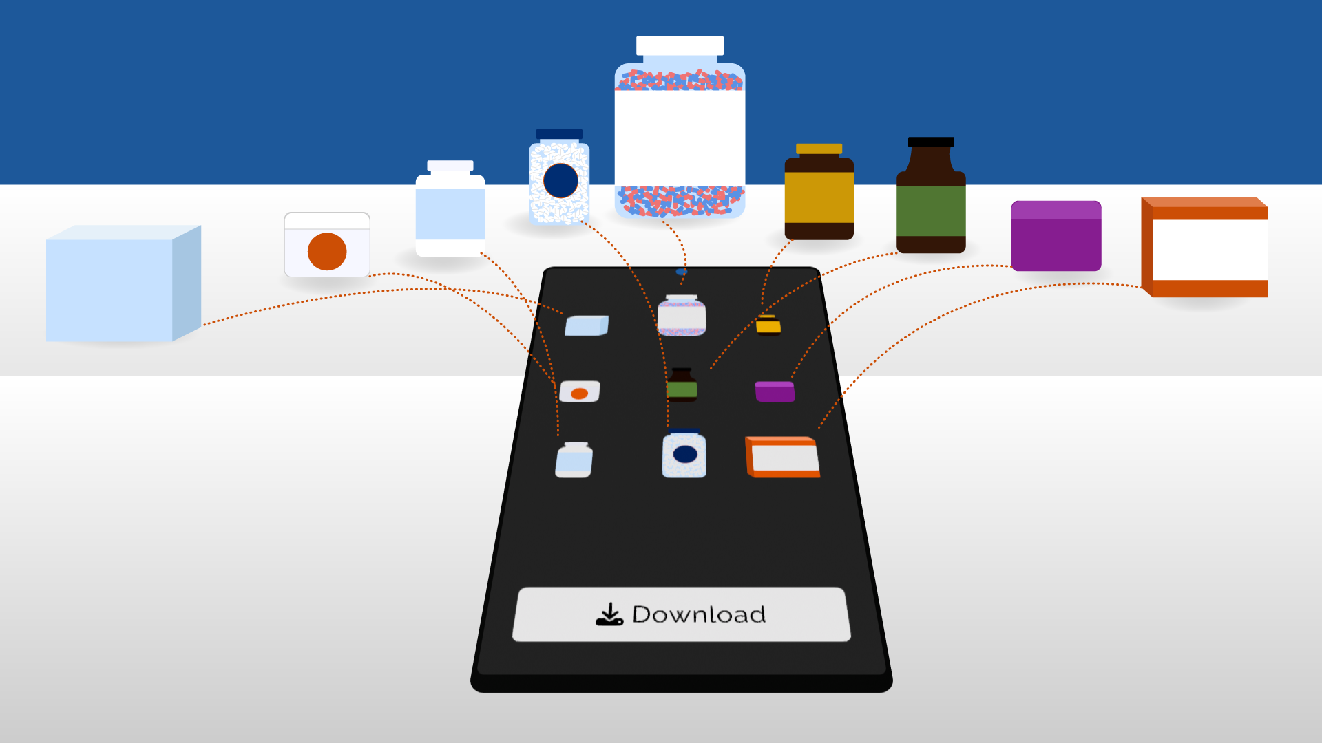 Prescription bottles pointing to phone app icons