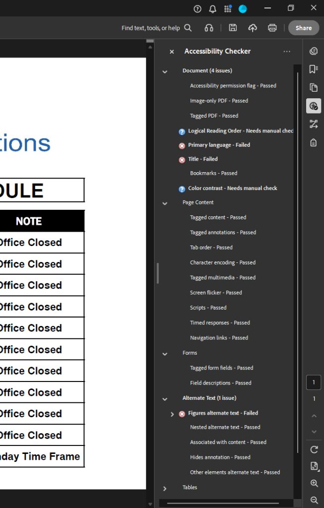 Adobe Acrobat > Accessibility Checker pane, expanded tree