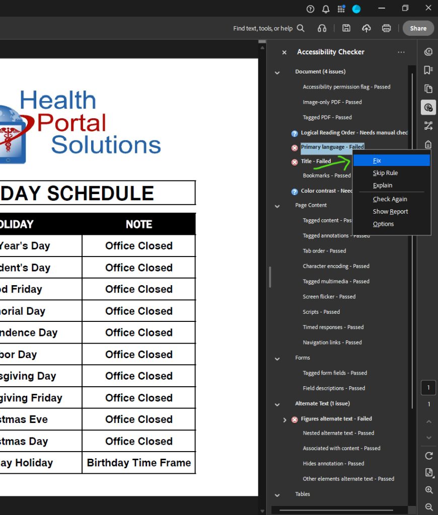 Adobe Acrobat > Accessibility Checker pane > right-click on an issue, select Fix