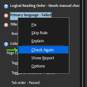 Adobe Acrobat > right click on issue > check again