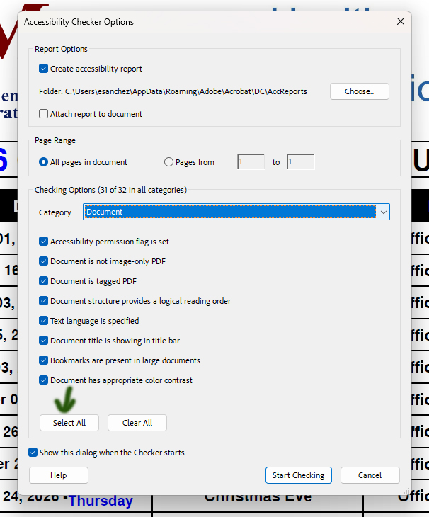 Adobe Acrobat > Accessibility Checker Options pop-up