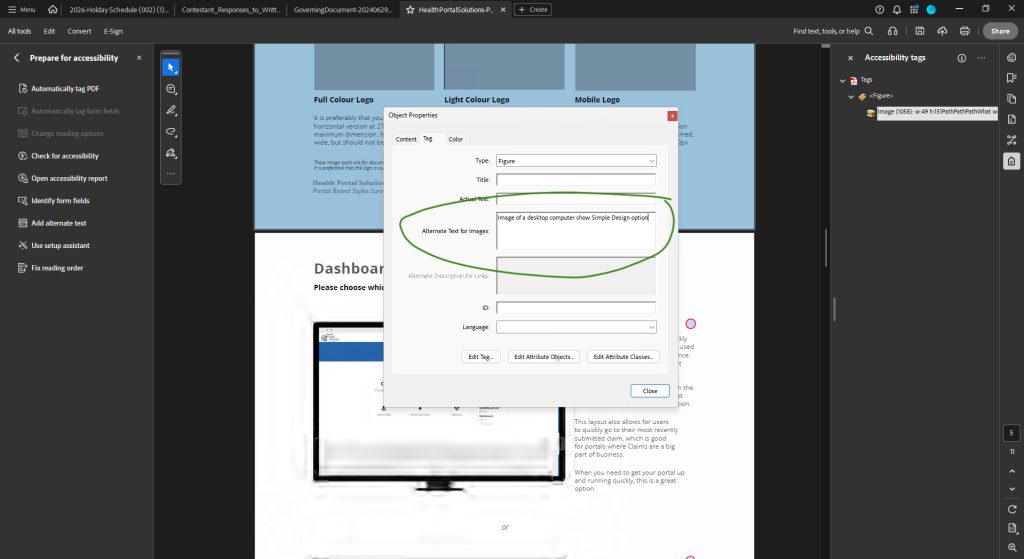 Adobe Acrobat > Accessibility Tags > Object Properties pop-up