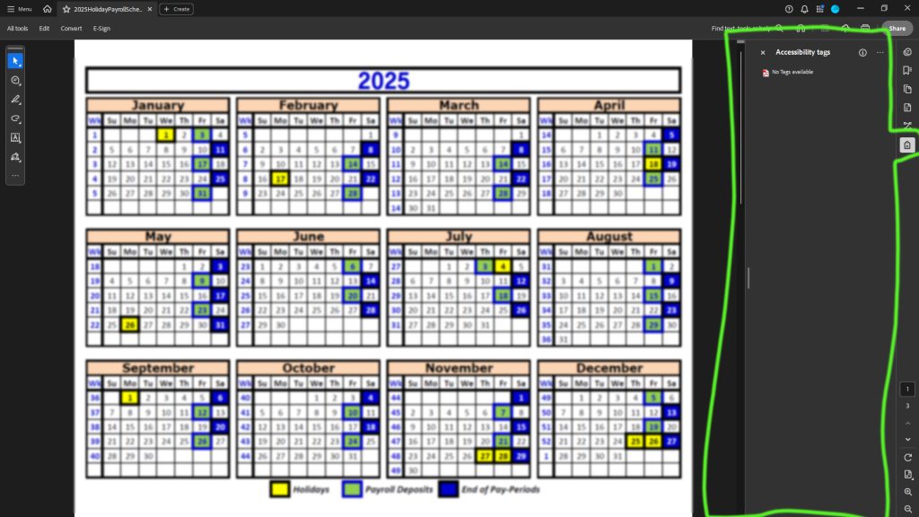 Menu > View > Show / Hide > Side Panels > Accessibility Tags of Adobe Acrobat