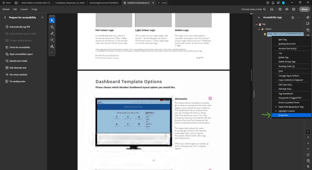 Adobe Acrobat > Accessibility Tags > right-click on an image > select Properties