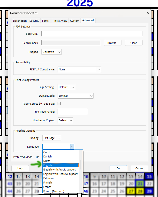 Language input of Document Properties in Adobe Acrobat