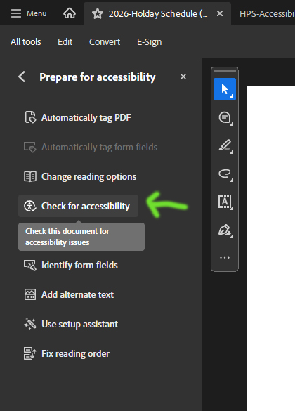 All Tools > Prepare for Accessibility > Check for Accessibility