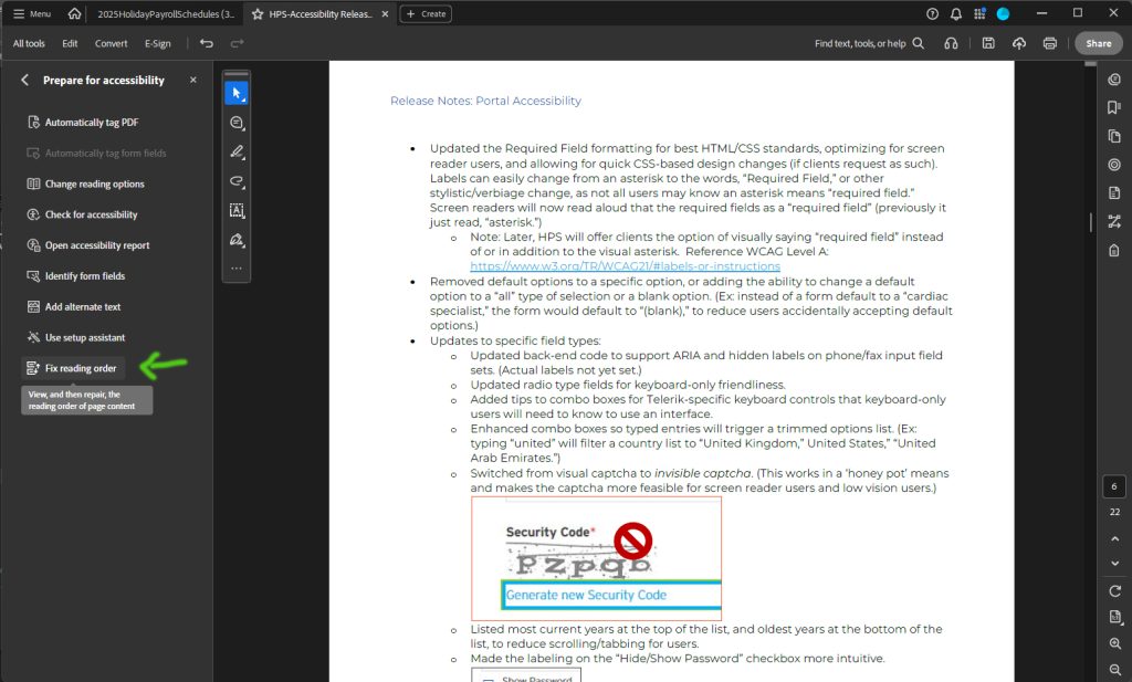 Adobe Acrobat > Prepare for Accessibility > Fix Reading Order