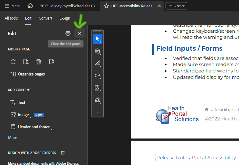Exit button of Edit Tab in Adobe Acrobat