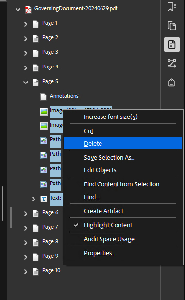 Adobe Acrobat > hold shift down and select a range of bad content tags > Delete