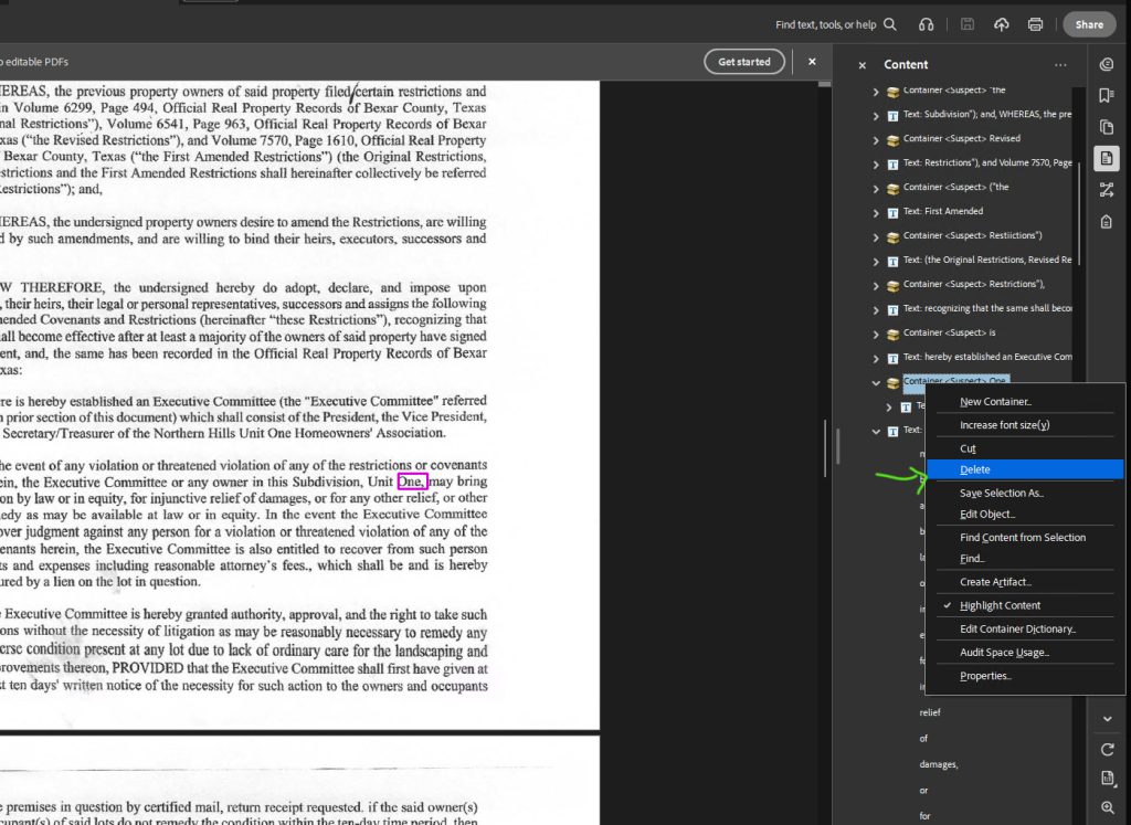 Adobe Acrobat > Content pane > right click an item > click Delete