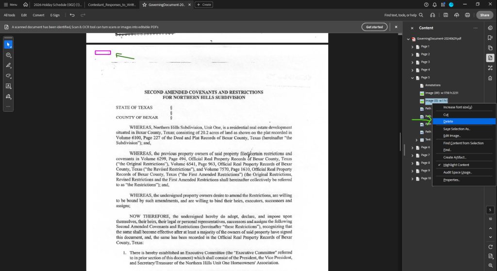 Adobe Acrobat > Content pane > right-click the image, and select Delete