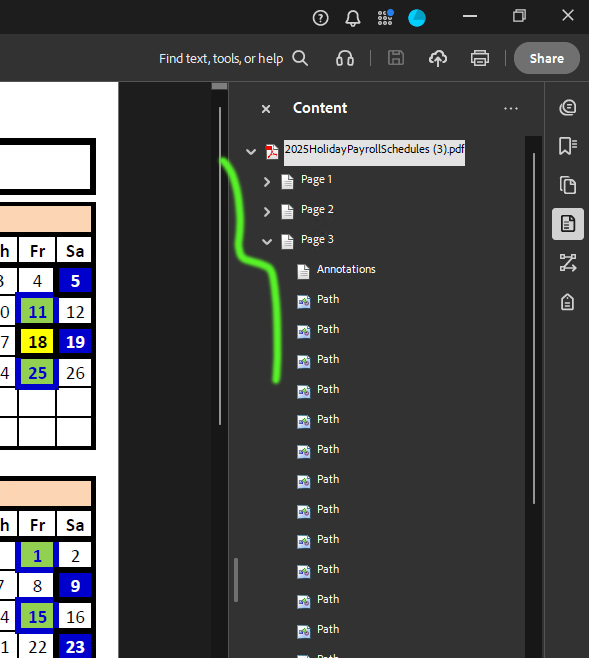 Expanded tree in Content pane of Adobe Acrobat