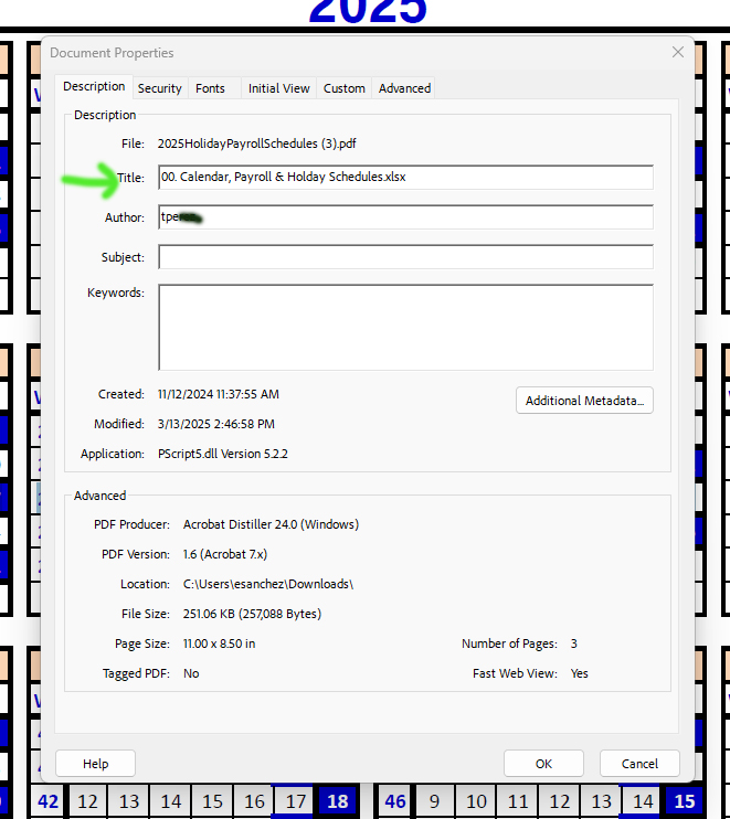 Acrobat Menu > Document Properties