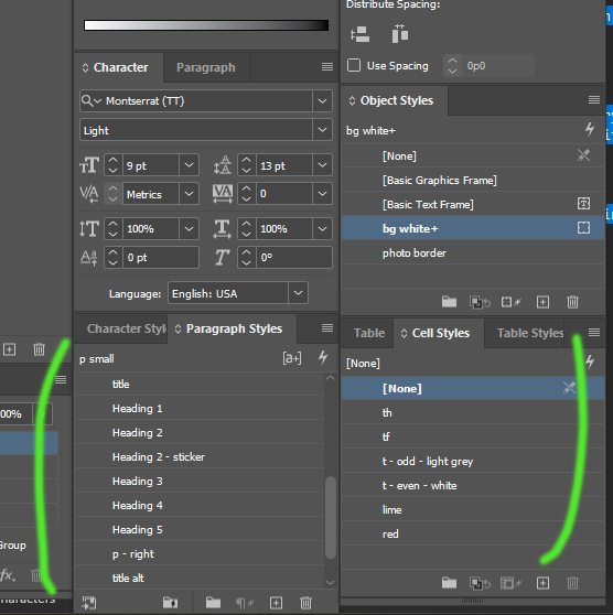 screenshot of InDesign looking at Paragraph Styles and Cell Styles pallets