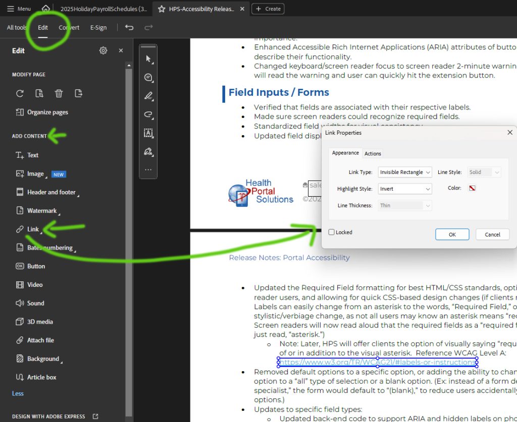 Edit options in Abode Acrobat