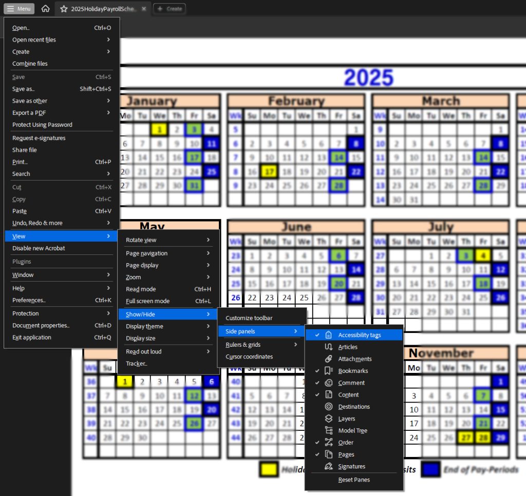  Menu > View > Show / Hide > Side Panels > Content in Adobe Acrobat