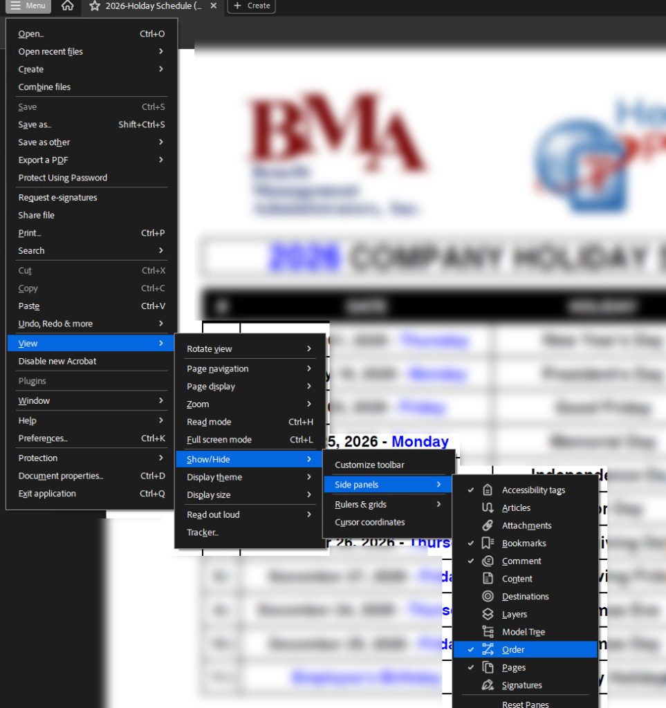 Adobe Acrobat > Select Menu > View > Order