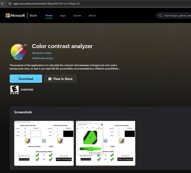 Colour Contrast Analyzer in Microsoft Store