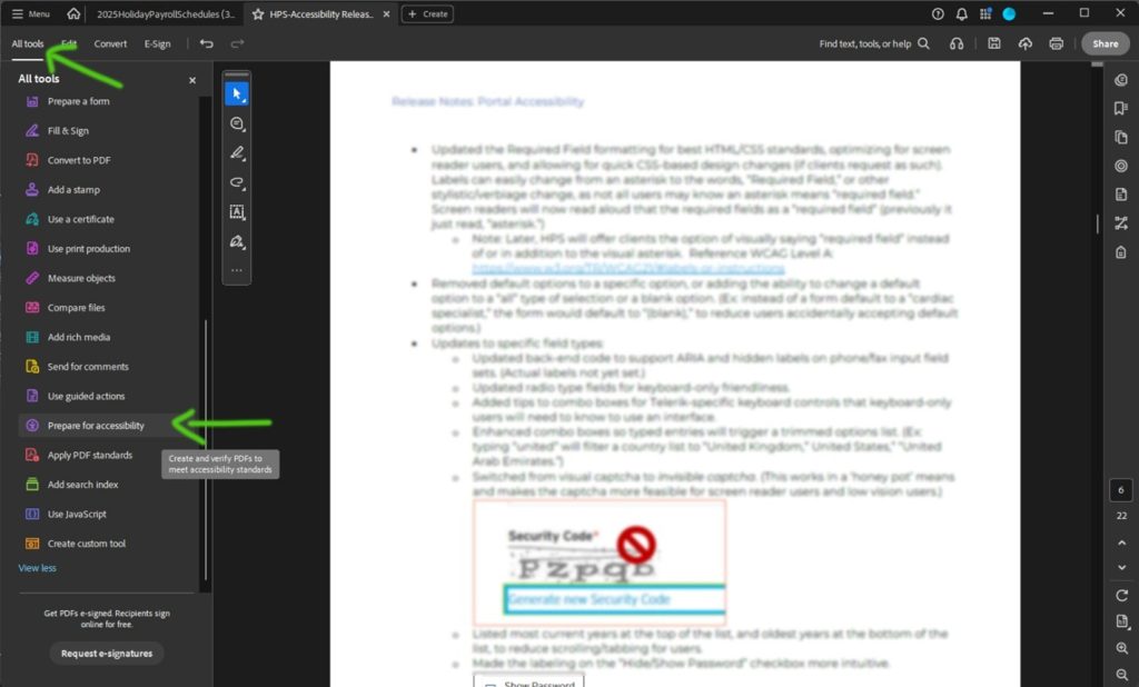 Adobe Acrobat > All Tools > Prepare for Accessibility