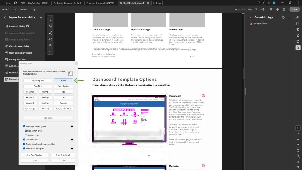 Prepare for Accessibility > Fix Reading Order > Reading Order pop-up > click and drag to highlight an image > Click the Figure button. 