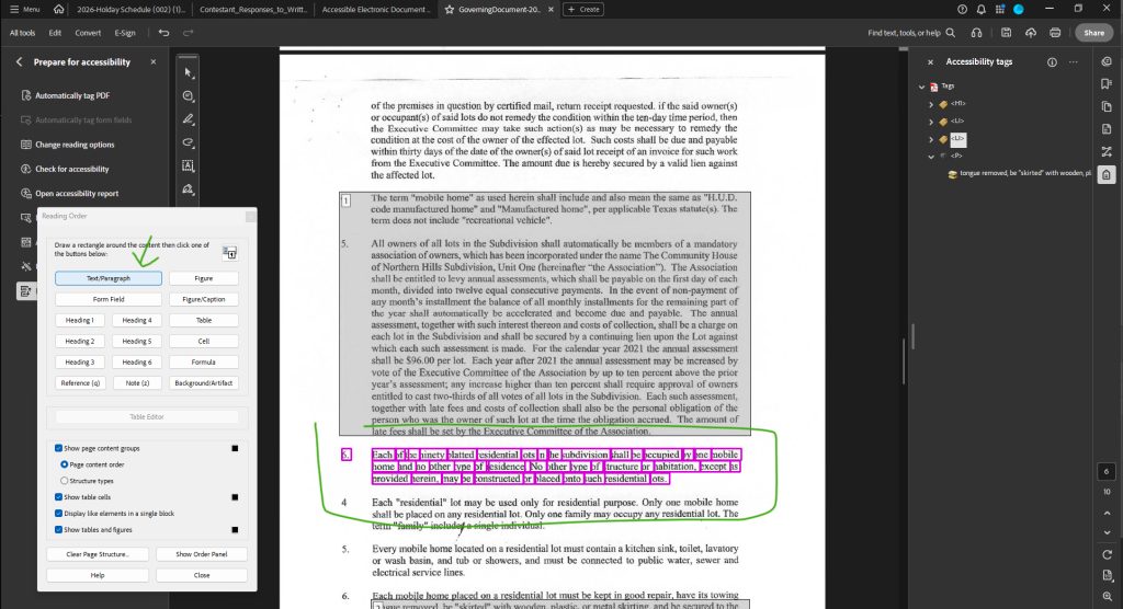 Adobe Acrobat > Prepare for Accessibility > Fix Reading Order > Reading Order pop-up > Click the Text/Paragraph button
