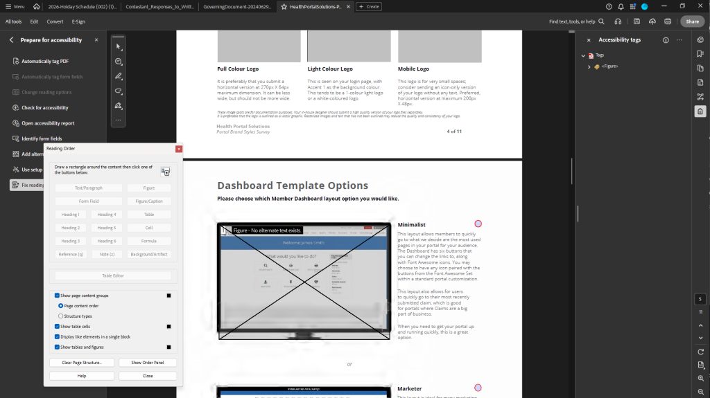 Adobe Acrobat > Reading Order pop-up open, Accessibility pane open. Image added to tags tree.