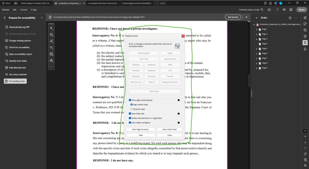 Adobe Acrobat > Prepare for Accessibility > Fix Reading Order > Reading Order pop-up