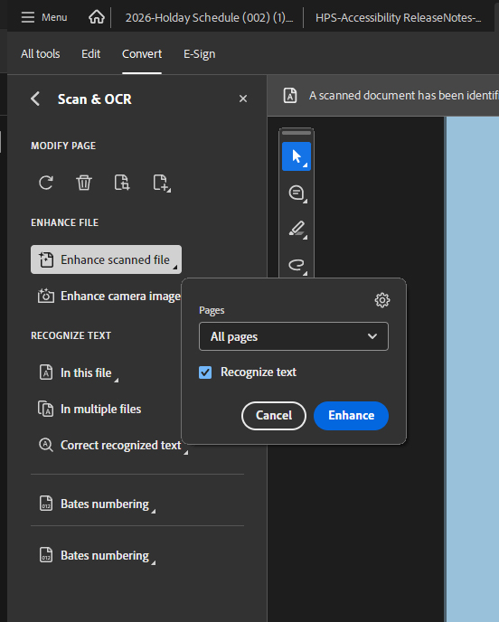 Adobe Acrobat > Scan & OCR > Enhance Scanned File > Enhance button.