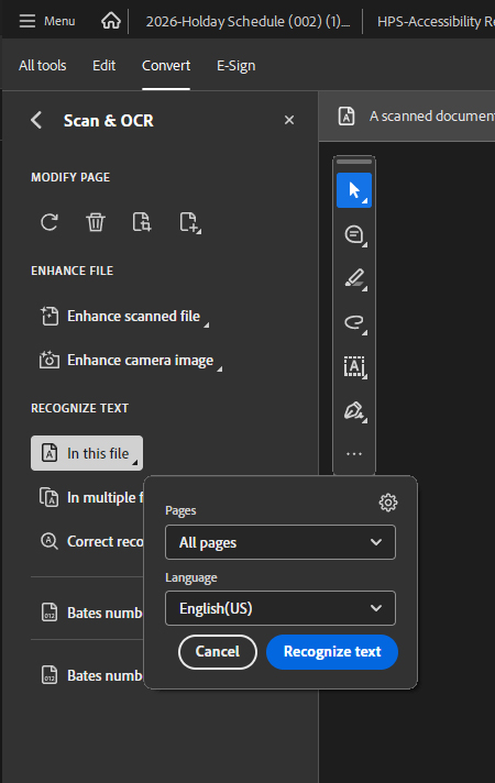 Adobe Acrobat > Scan & OCR > In this File > Recognize Text button