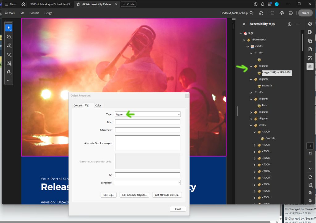 Object Properties of tag in Accessibility Tags pane in Adobe Acrobat