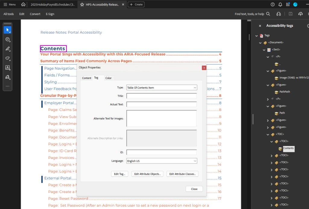 Object Properties of tag in Accessibility Tags pane in Adobe Acrobat