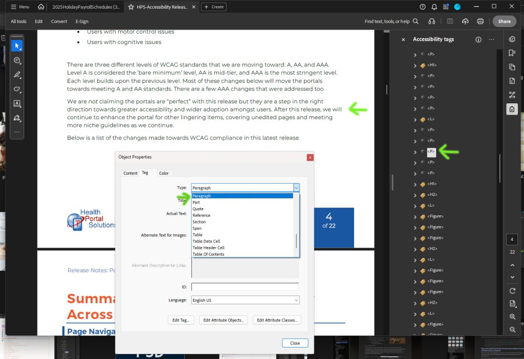 Type Input in Object Properties of tag in Accessibility Tags pane in Adobe Acrobat