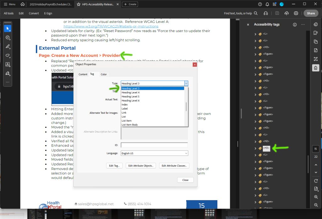 Type Input in Object Properties of tag in Accessibility Tags pane in Adobe Acrobat