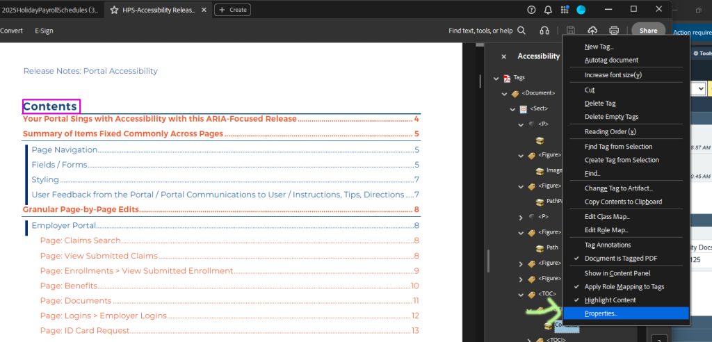 Select Properties of tag in Accessibility Tags pane in Adobe Acrobat