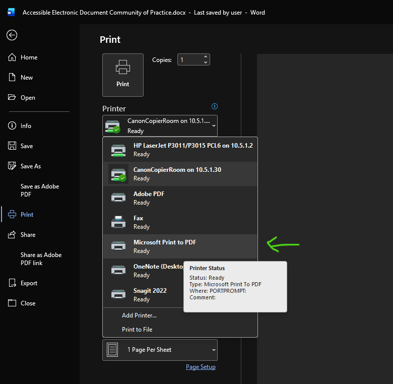 Print dialog of Microsoft Word showing Microsoft Print to PDF
