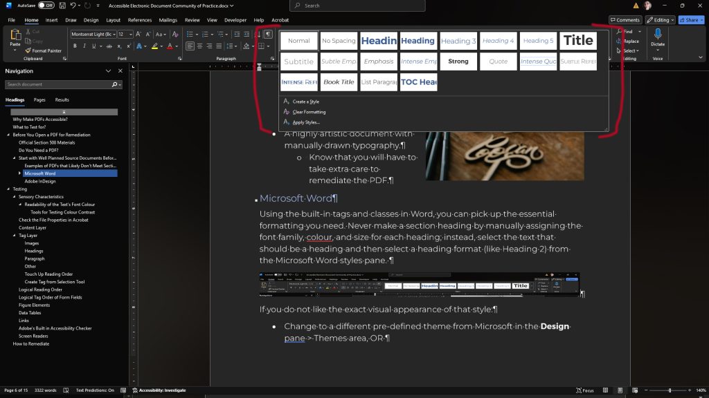 Styles Pane expanded in Microsoft Word
